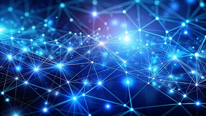 Abstract digital network connection with glowing dots and connecting lines on dark blue background