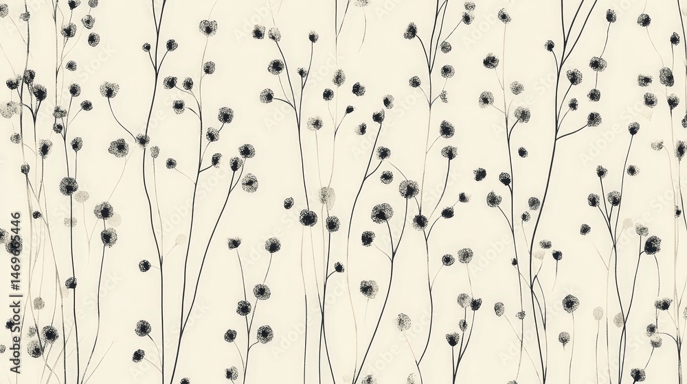 Poster a simple floral pattern with small flowers and thin stems in an organized, repeating pattern, perfec