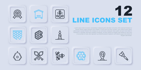 Set line Honeycomb bee location, Beekeeping brush, dipper stick, Hive for bees and Bees icon. Vector