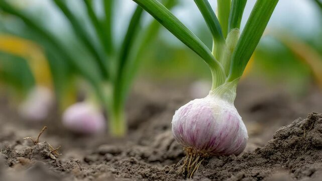 Fresh Garlic Bulbs Growing in the Garden Soil Close Up View of Organic Farming