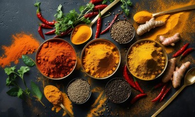 Assortment Of Colorful Indian Spices In Traditional Bowls