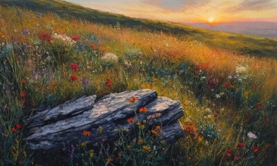 Blooming Wildflower Meadow In Soft Golden Morning Light