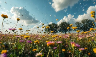 Colorful Wildflower Field With Blue Sky And Flying Dandelion Seeds