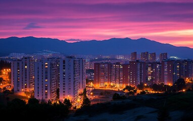 Obraz premium City skyline at twilight with illuminated buildings and mountains in the background. Vivid sunset colors.