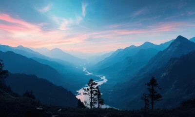 Majestic Mountain View With Blue Sky And Morning Mist
