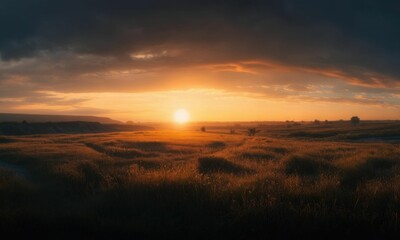 Golden Sunset Over Grassy Field With Soft Horizon Glow