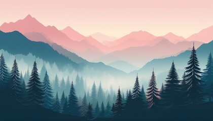Obraz premium misty landscape featuring a fir forest against pastel pink and blue mountains layered in the background with a vintage retro style ambiance