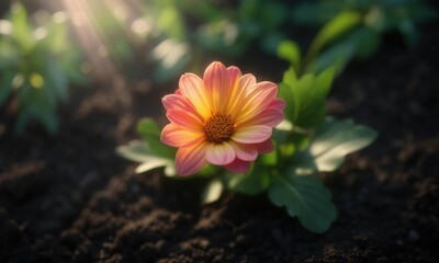 Single Orange Flower Blooming From Soil With Warm Sunlight