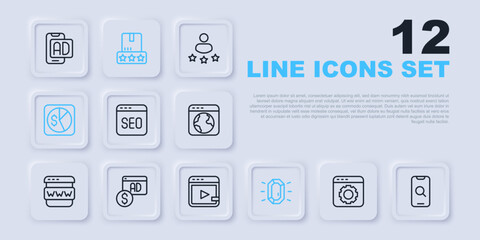 Set line Browser setting, Magnifying glass and mobile, SEO optimization, Diamond, Market analysis, Advertising, Consumer product rating and Video advertising icon. Vector
