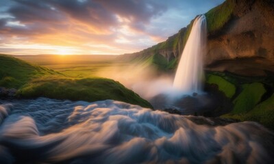 Serene Waterfall Flowing Through Lush Green Icelandic Valley