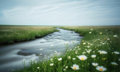 Peaceful Coastal Landscape With Green Fields And White Flowers