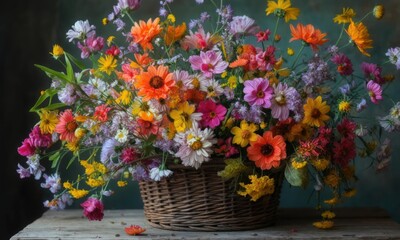 Vibrant Basket Of Colorful Spring Flowers In Rustic Setting