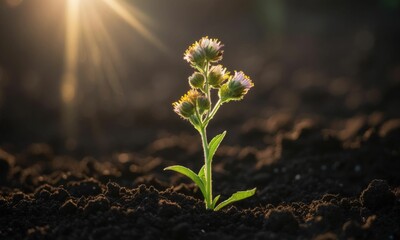 Young Green Plant Sprouting From Soil In Morning Sunlight