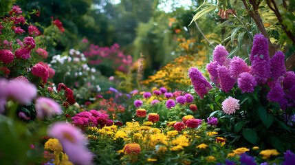 Lush flower garden in soft focus with vibrant colors