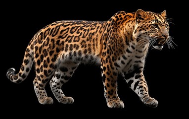 Obraz premium Isolated leopard walking, black background, studio shot, wildlife