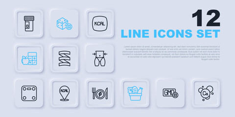 Set line No GMO, Calcium, Sports nutrition proteine, Shopping bag and food, Calorie calculator, Kcal, sugar free and Vegan diet icon. Vector