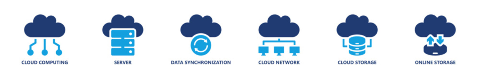 Cloud computing icon collection featuring server, synchronization, storage, online access, and digital network in professional solid style