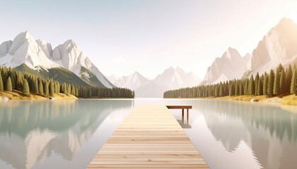 Lake Scene with Pier and Mountains