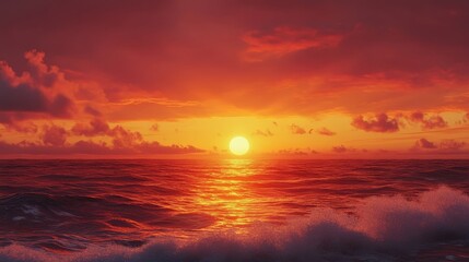 Naklejka premium A peaceful moment at the ocean at sunset, where the sky is a canvas of fiery reds and oranges, and the calm waves create a serene atmosphere as the day ends