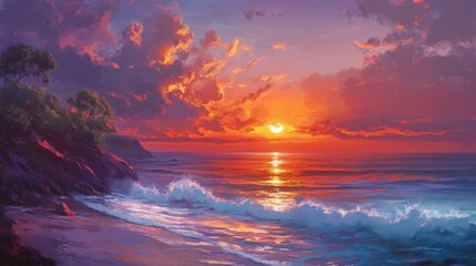 Fototapeta premium A peaceful moment at the ocean at sunset, where the sky is a canvas of fiery reds and oranges, and the calm waves create a serene atmosphere as the day ends