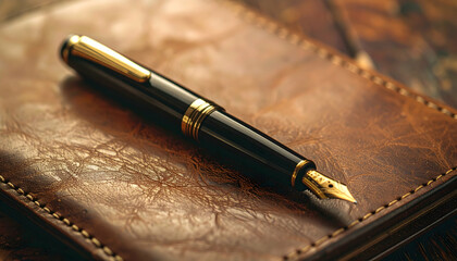 Gold And Black Fountain Pen On Brown Leather Notebook