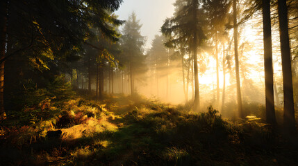 Obraz premium Magical forest setting with glowing golden light and soft mist