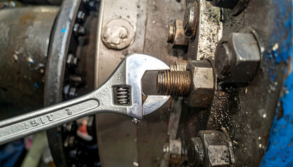 Closeup of Wrench Tightening Bolt on Industrial Machinery
