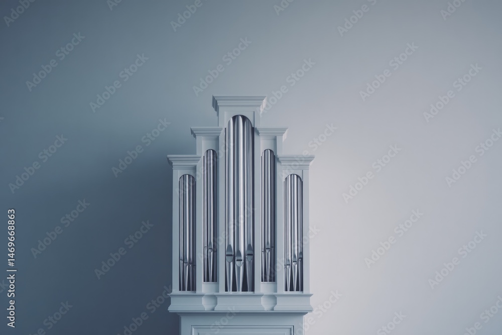 Poster minimalistic image of classic pipe organ against plain background highlighting intricate details of 