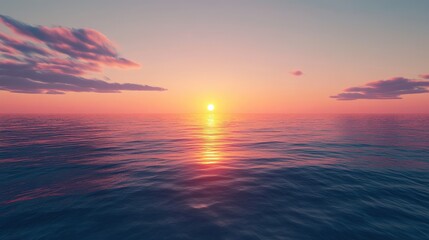 Fototapeta premium A peaceful ocean sunset with warm colors painting the sky in shades of orange, pink, and purple as the sun slowly dips below the horizon, casting a soft glow over the tranquil water.