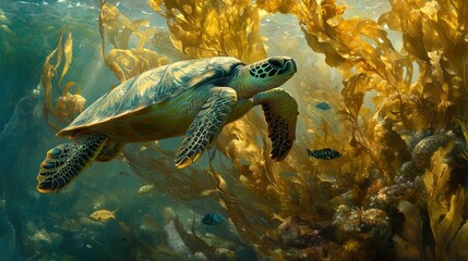 Obraz premium A peaceful sea turtle swims through a kelp forest, weaving between the towering golden fronds as fish and invertebrates hide among the leaves