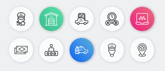 Set line Taxi car, mobile app, Stacks paper money cash, driver, waiting time, Location with star and service rating icon. Vector
