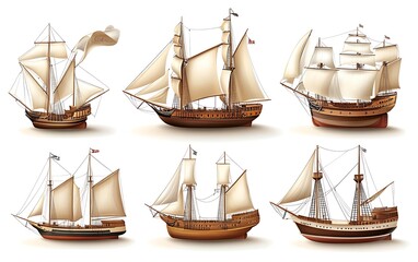 Collection of vintage sailing ships, various designs and sizes, detailed illustrations of historical vessels