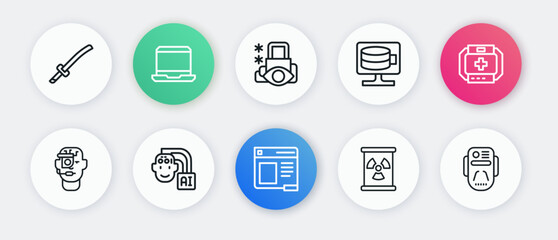 Set line Browser window, First aid kit, Smart glasses on spectacles, Radioactive waste barrel, Cloud database, Cyber security, Artificial intelligence robot and Humanoid icon. Vector