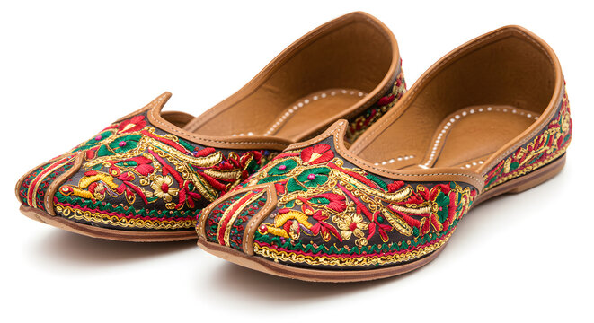 Embroidered Juttis Indian Shoes on white background