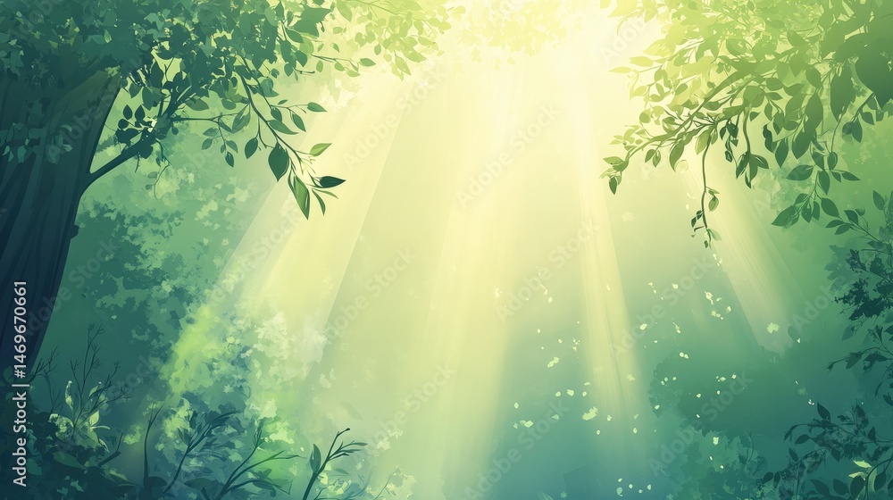 Poster soft, gradient vector of sun rays shining through a forest canopy, creating a calming and natural at
