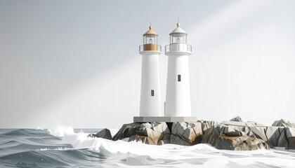 Two Lighthouses on Rocky Coast