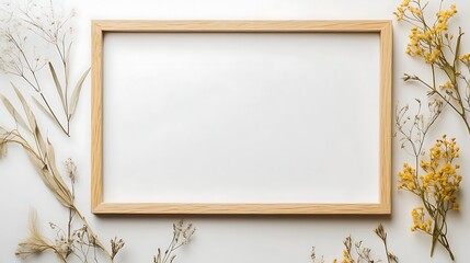 Empty light brown wooden frame surrounded by dried plants on white background.
