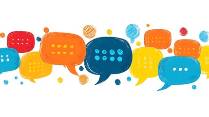 Colorful speech bubbles in various shades of orange, red, yellow, blue, and green, forming a horizontal seamless pattern with white background.