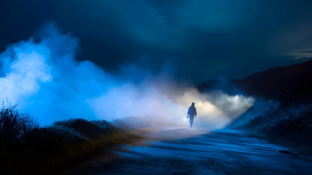 Man walking through blue smoke at night in misty landscape