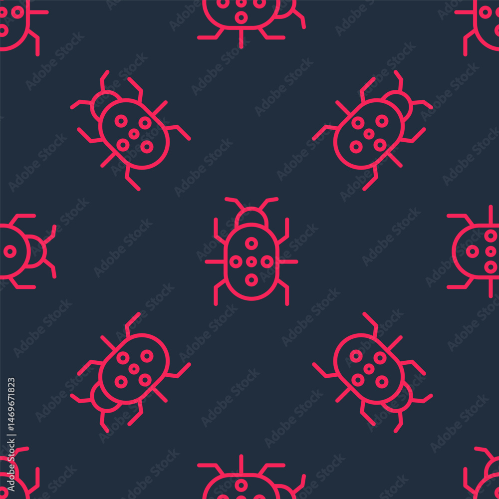 Poster red line colorado beetle icon isolated seamless pattern on black background. vector
