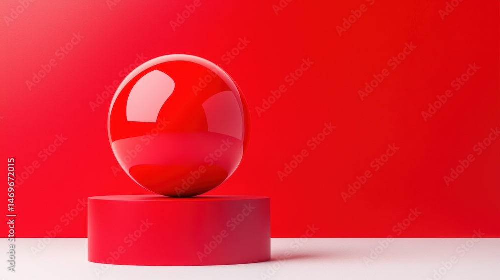 Poster a 3d rendering of a red sphere on a red pedestal against a red background.