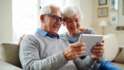 Elderly couple smiling while using a tablet at home, learning and sharing digital experiences. - Powered by Adobe
