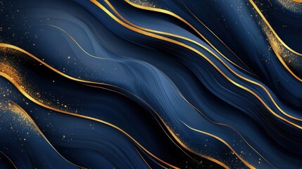 A sophisticated navy and gold fluid background with deep blue waves flowing seamlessly with elegant golden accents