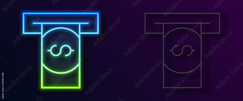 Poster glowing neon line atm - automated teller machine and money icon isolated on black background. vector