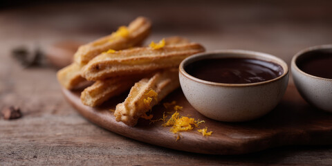 Churros with chocolate sauce on rustic board, garnished with zest
