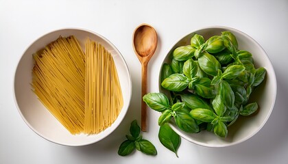 fresh basil leaves with pasta in white bowls and a wooden spoon on a white background highlighting vibrant green basil and golden spaghetti