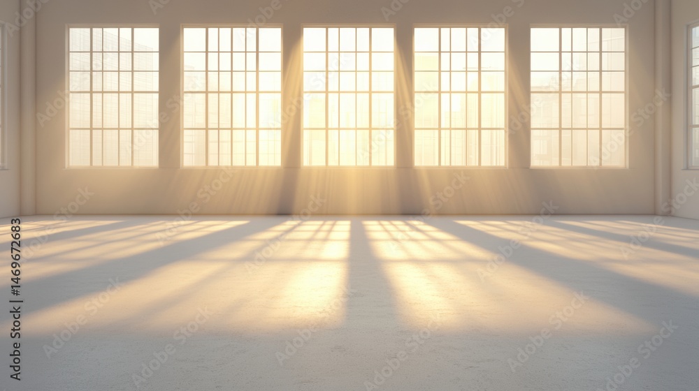Poster sunlight streaming through a large window casting a pattern of shadows on the floor.