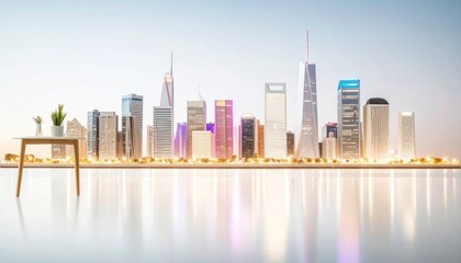 Obraz premium City Skyline View with Table and Plant