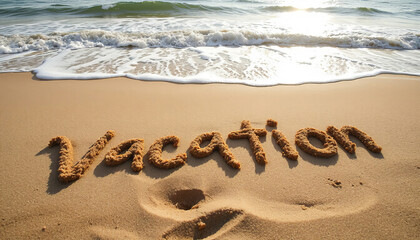 Fototapeta premium The inscription on the sand: Vacations, summer vacations in warm countries