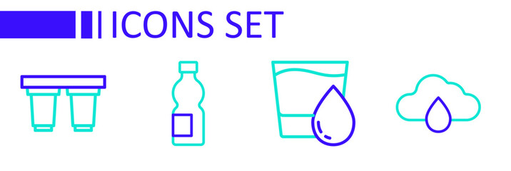Set line Cloud with rain, Glass water, Bottle of and Water filter cartridge icon. Vector